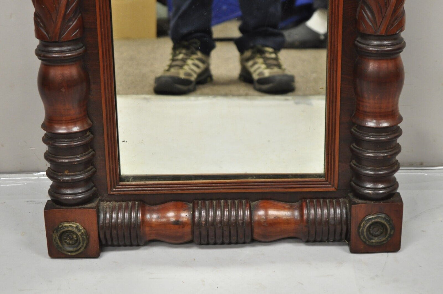 Antique American Empire Walnut Leaf Carved Pier Wall Console Mirror