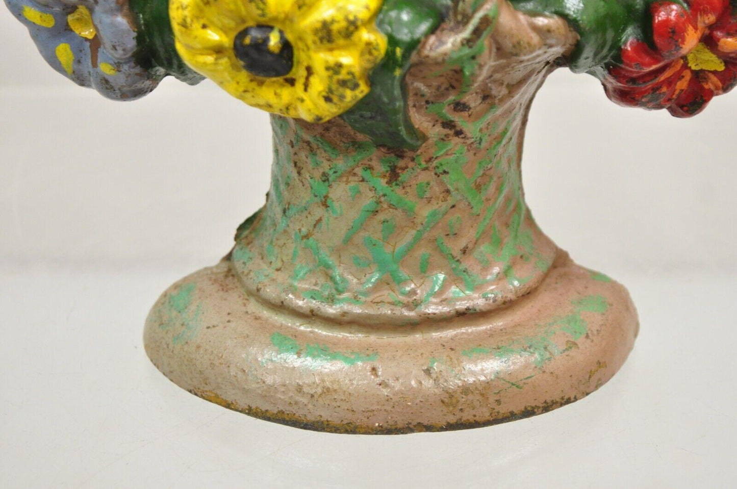 Antique Victorian Cast Iron Figural Floral Bouquet Basket Painted Door Stop