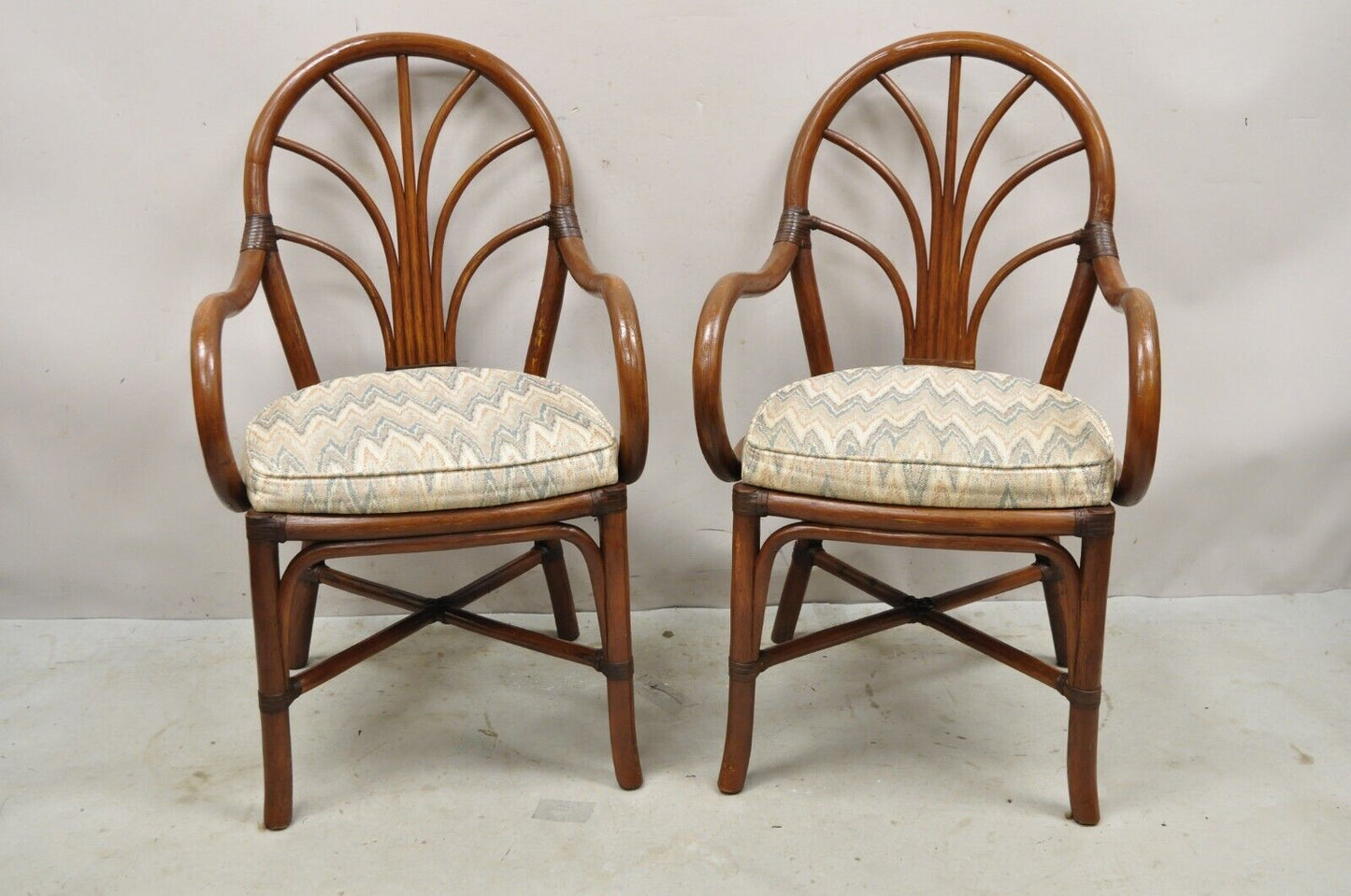 Vintage Bentwood Rattan Hollywood Regency Fan Back Dining Chairs - Set of 4