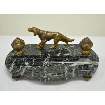 Antique French Empire Figural Bronze & Marble Hunting Dog Desk Double Inkwell