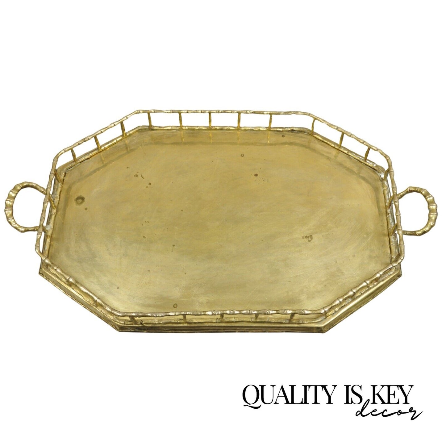 Vintage Hollywood Regency Faux Bamboo Solid Brass Octagonal Serving Platter Tray