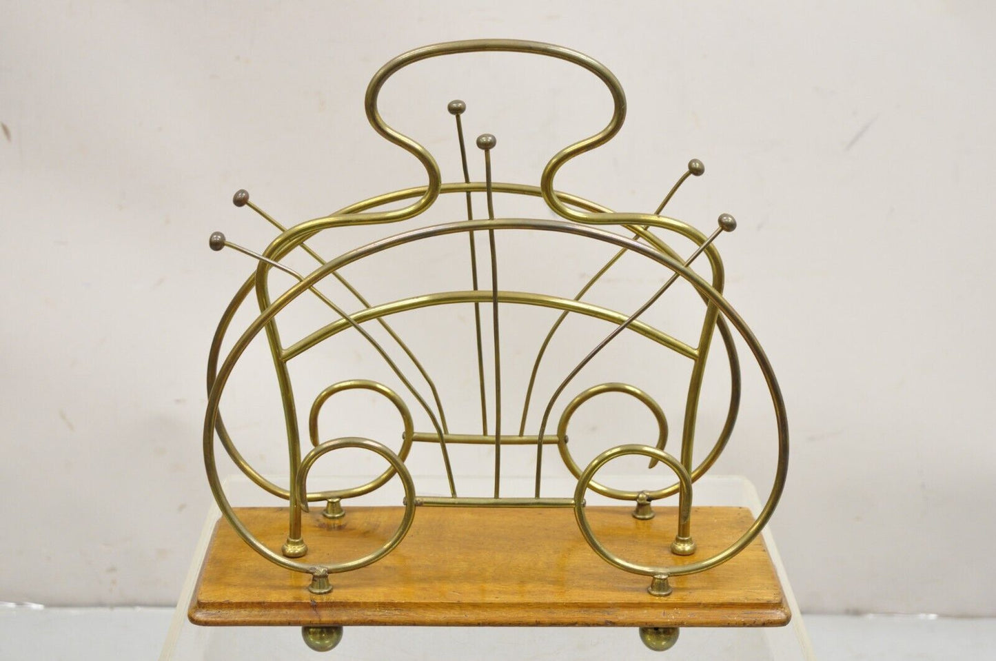 Antique English Victorian Brass and Oak Wood Scrolling Magazine Rack