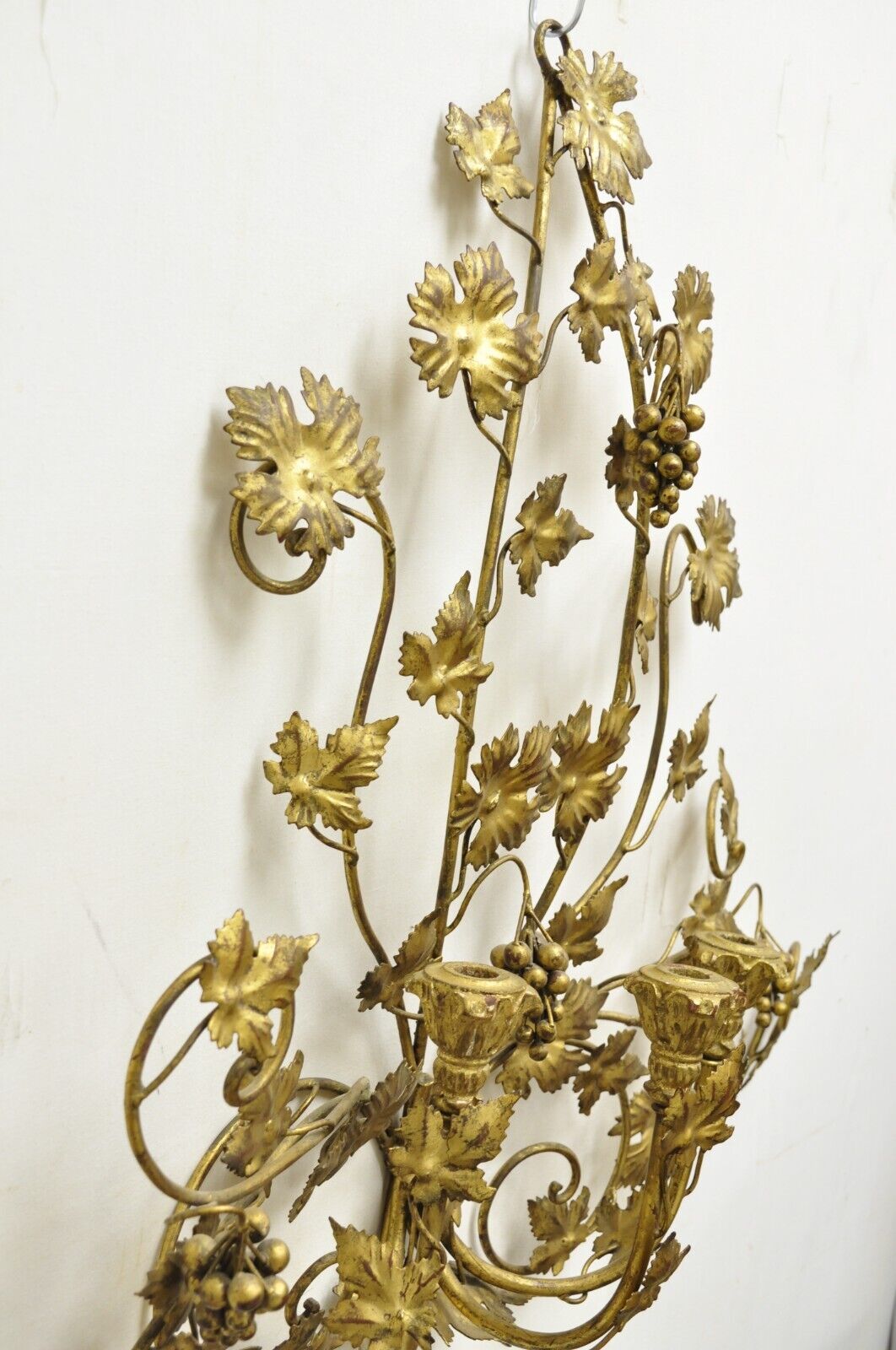 Vintage Italian Hollywood Regency Gold Iron Tole Leafy 3 Candelabra Wall Sconce