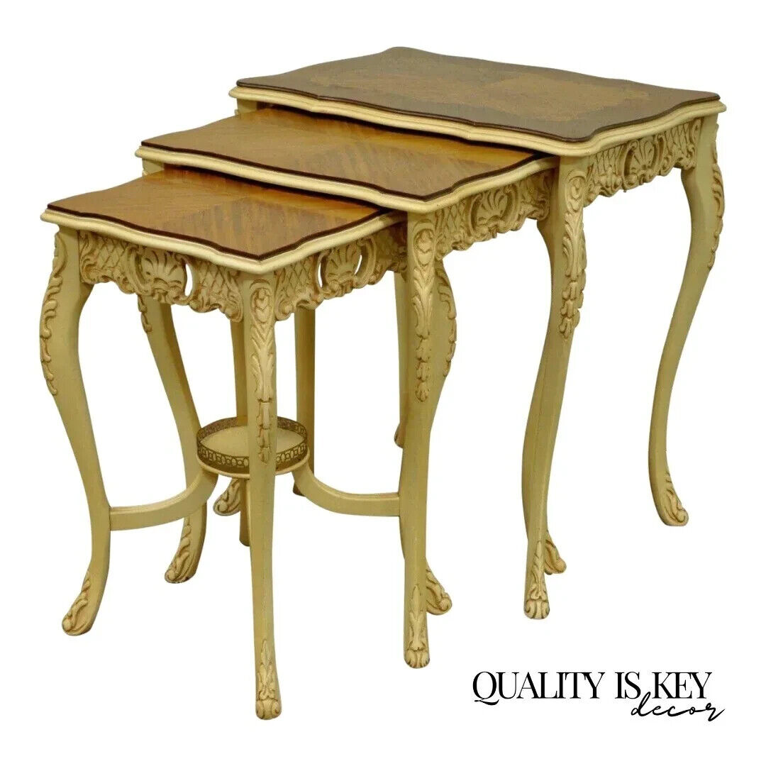 Vintage French Louis XV Style Satinwood Inlay Nesting Side Tables - Set of 3