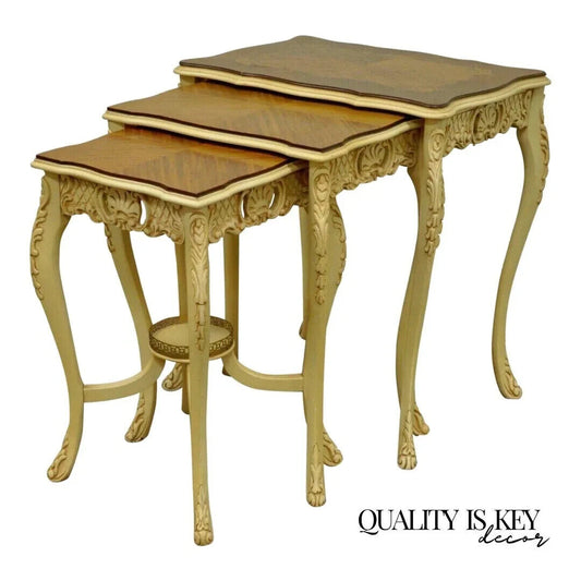 Vintage French Louis XV Style Satinwood Inlay Nesting Side Tables - Set of 3