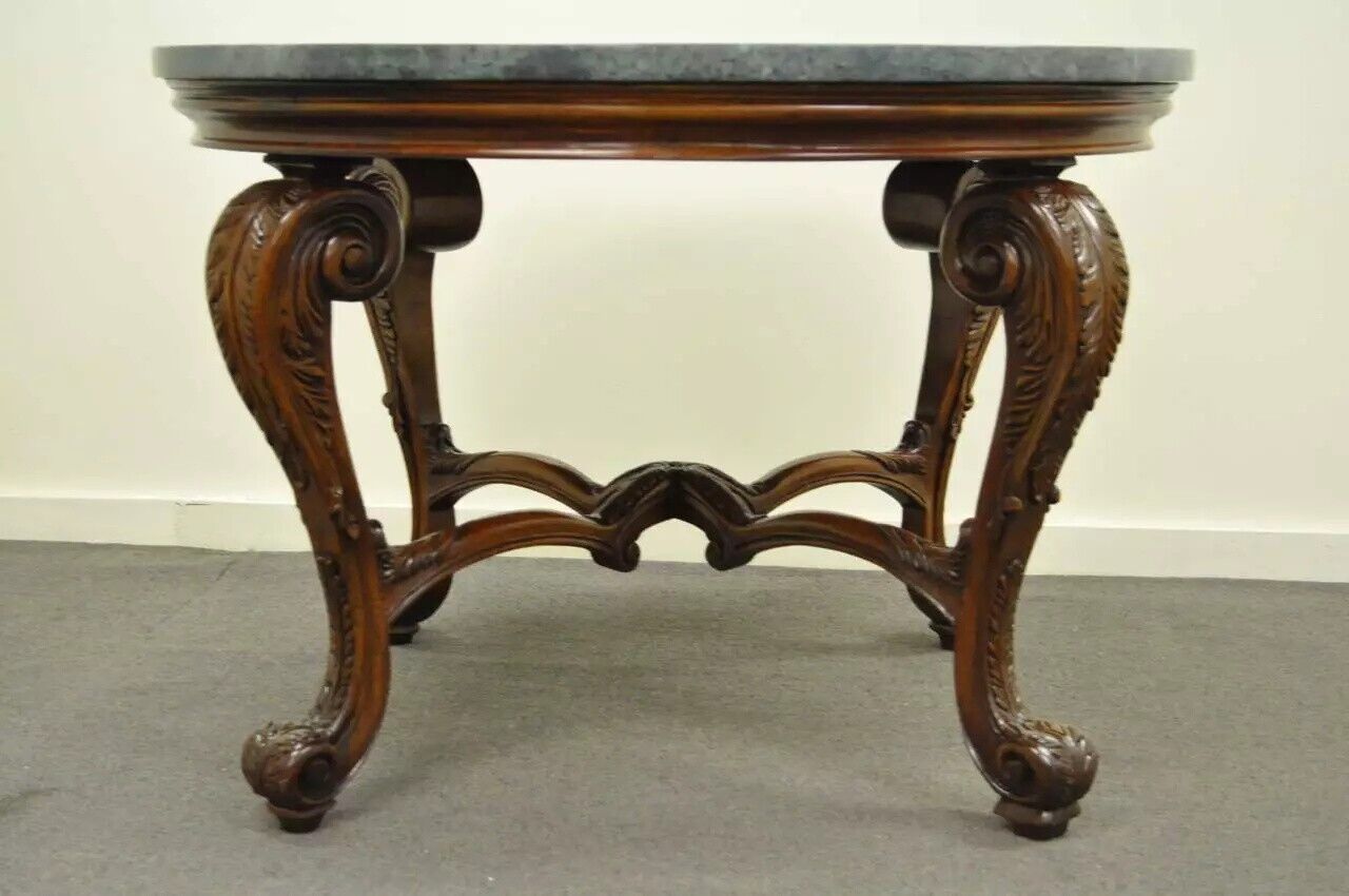 French Baroque Style Carved Mahogany and Green Marble Top Round Center Table