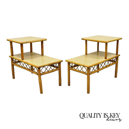 Vintage Tiki Rattan Mid Century Bamboo Step Up End Tables - a Pair