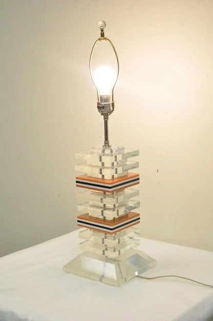 Vintage Mid Century Modern Stacked Lucite Acrylic Skyscraper Table Lamp
