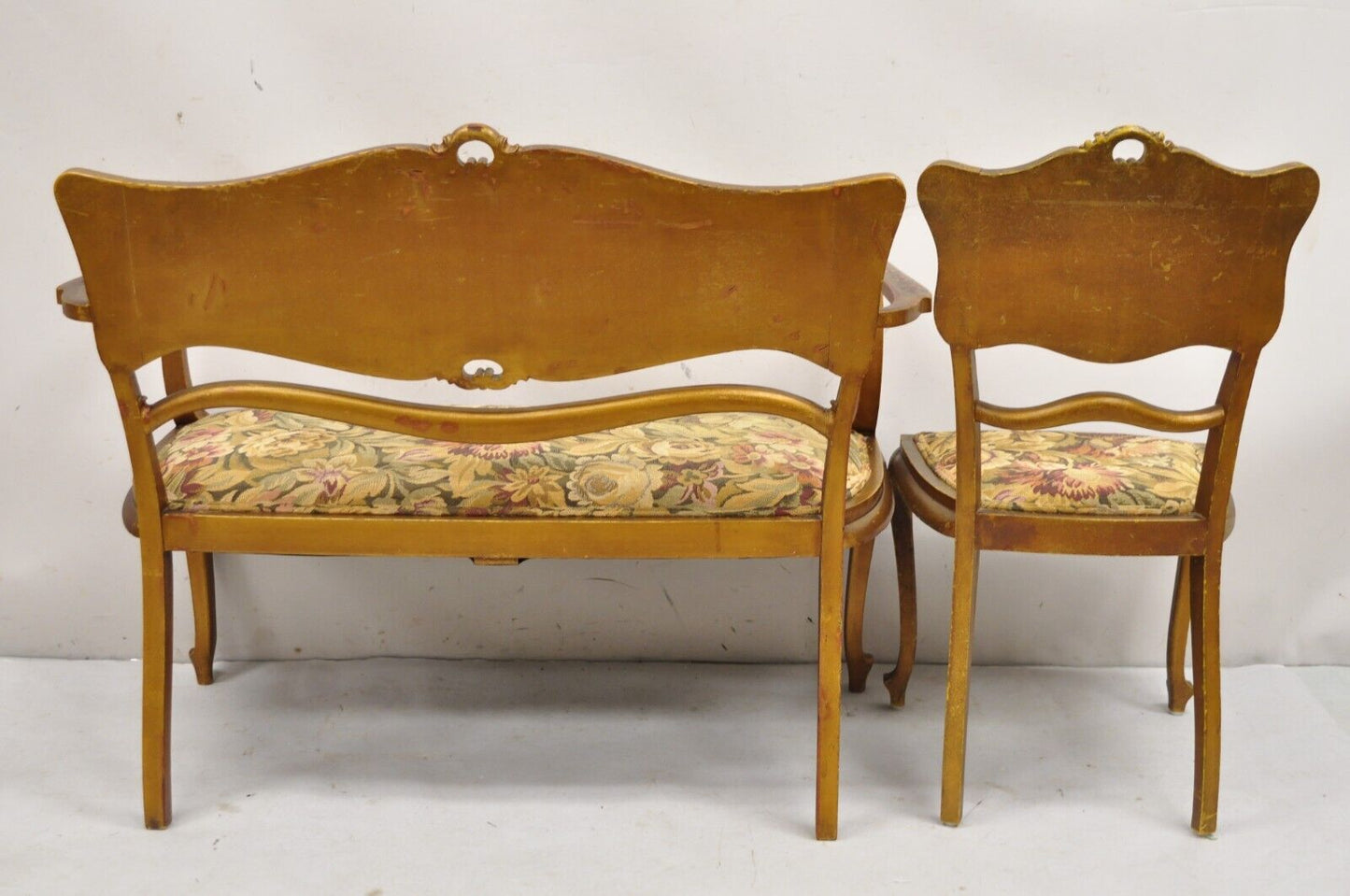 Antique Victorian Art Nouveau Gold Giltwood Hand Painted Settee 2 Pc Parlor Set