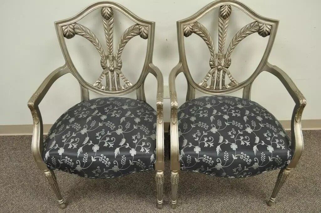 Sheraton Style Shield Back Plume Prince of Wales Silver Dining Arm Chairs - Pair