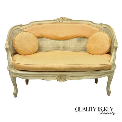 Vintage French Louis XV Victorian Style Small Cane Cream Settee Loveseat Sofa