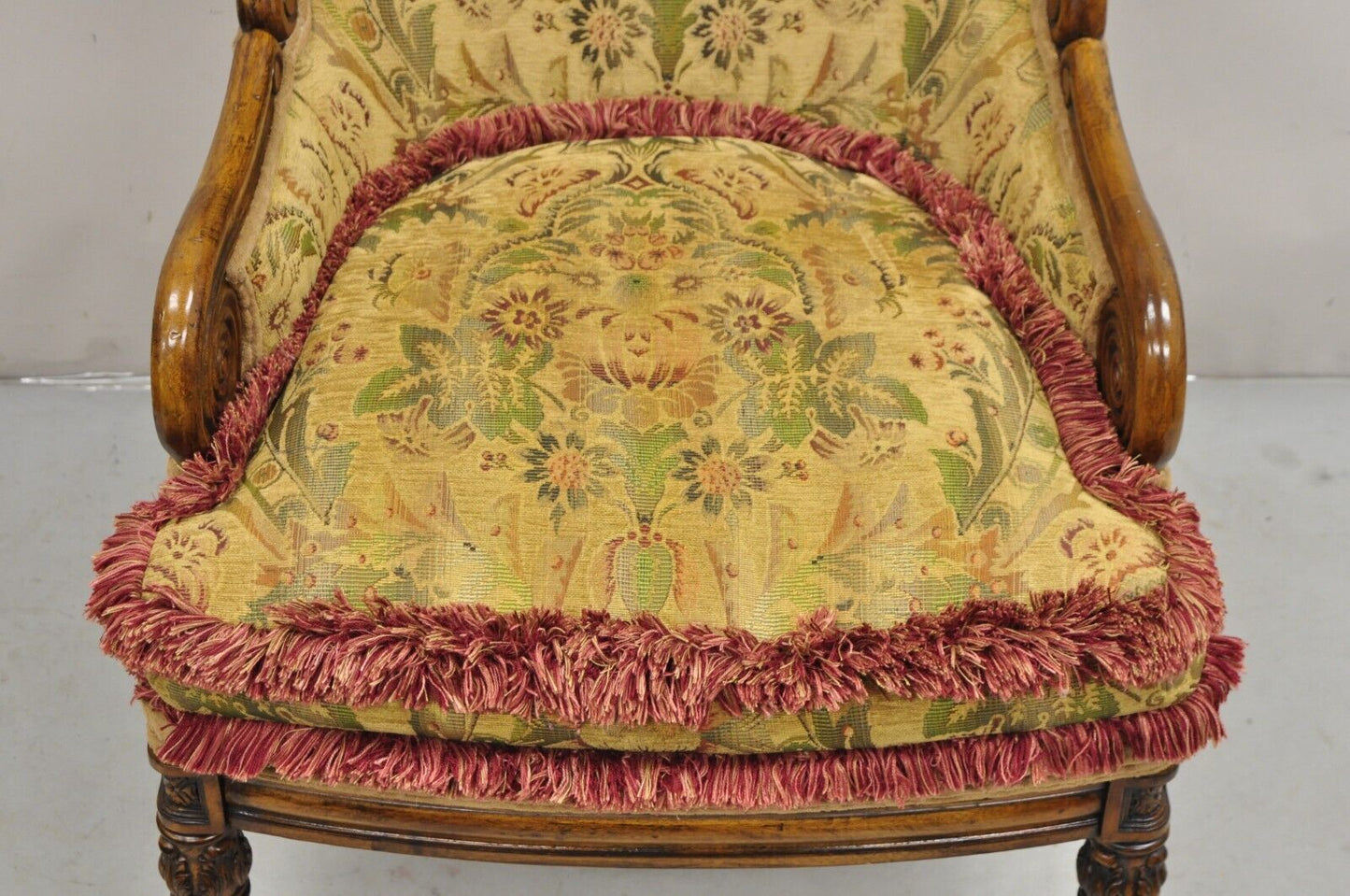 Italian Renaissance Style Carved Wingback Upholstered Armchair