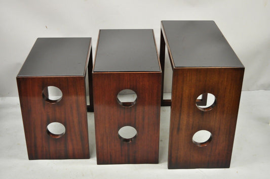 James Mont Mid Century Modern Mahogany & Glass Top Art Deco Nesting Side Tables