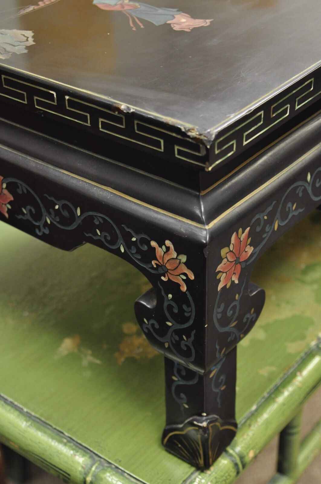 Vintage Chinese Oriental Black Lacquer Hand Painted Low Asian Side Table