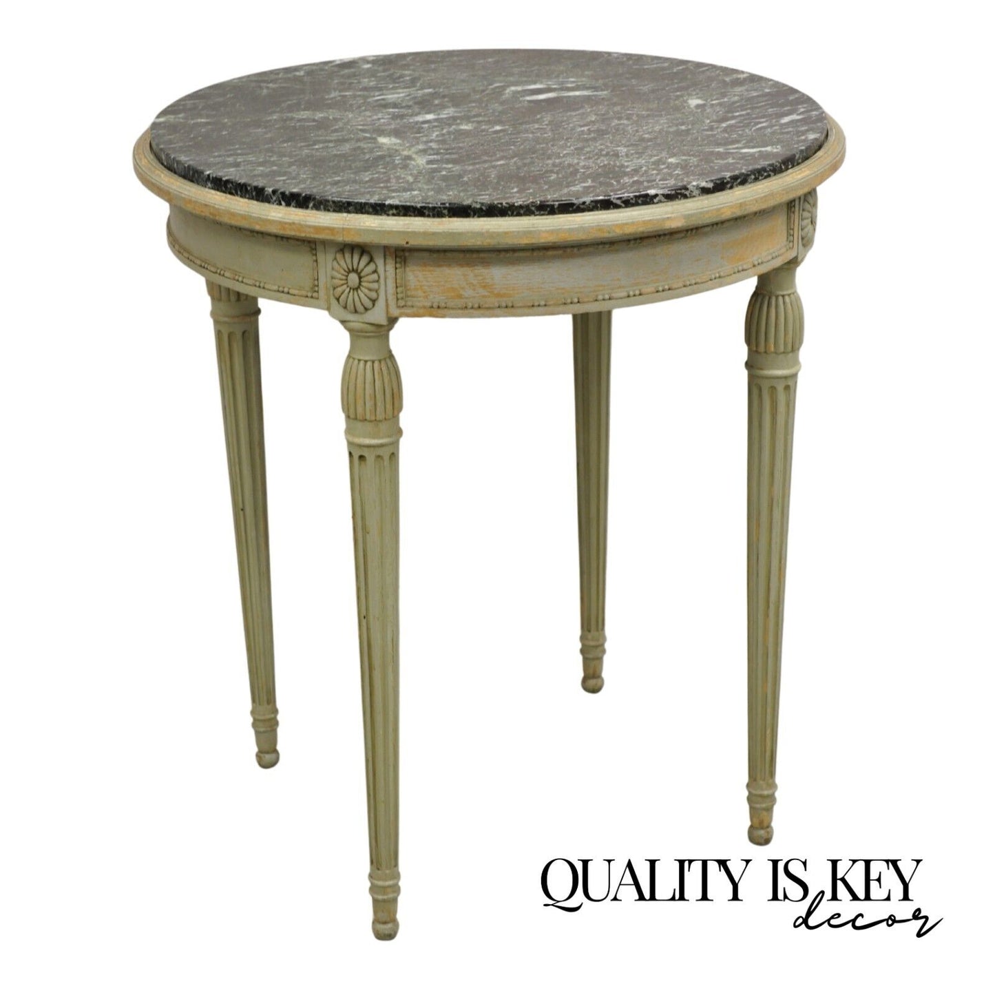 Antique French Louis XVI Style Green Distress Paint Round Marble Top Side Table