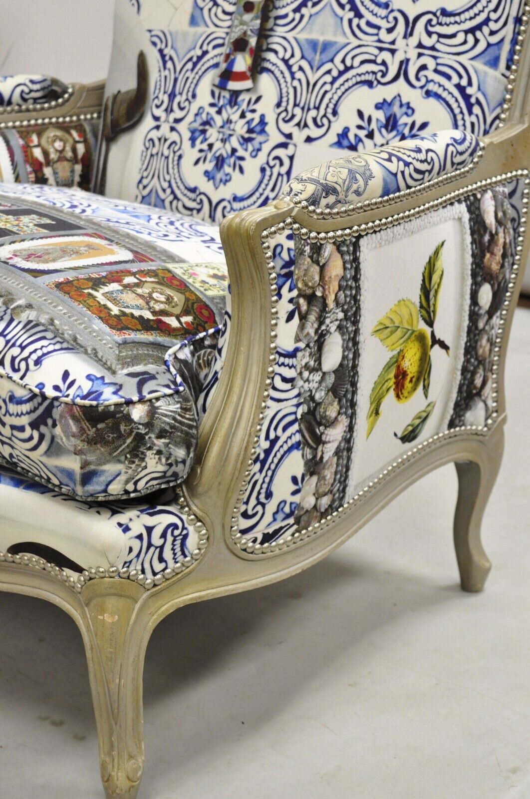 Roche Bobois Mexican Print French Louis XV Style Painted Bergere Arm Chair