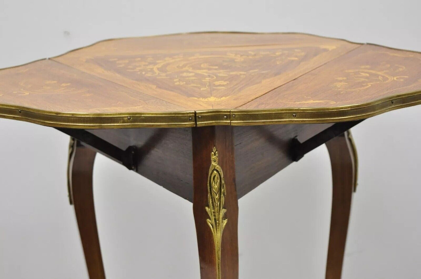 Antique French Louis XV Style Satinwood Inlay Bronze Ormolu Drop Leaf Side Table