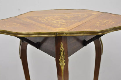 Antique French Louis XV Style Satinwood Inlay Bronze Ormolu Drop Leaf Side Table