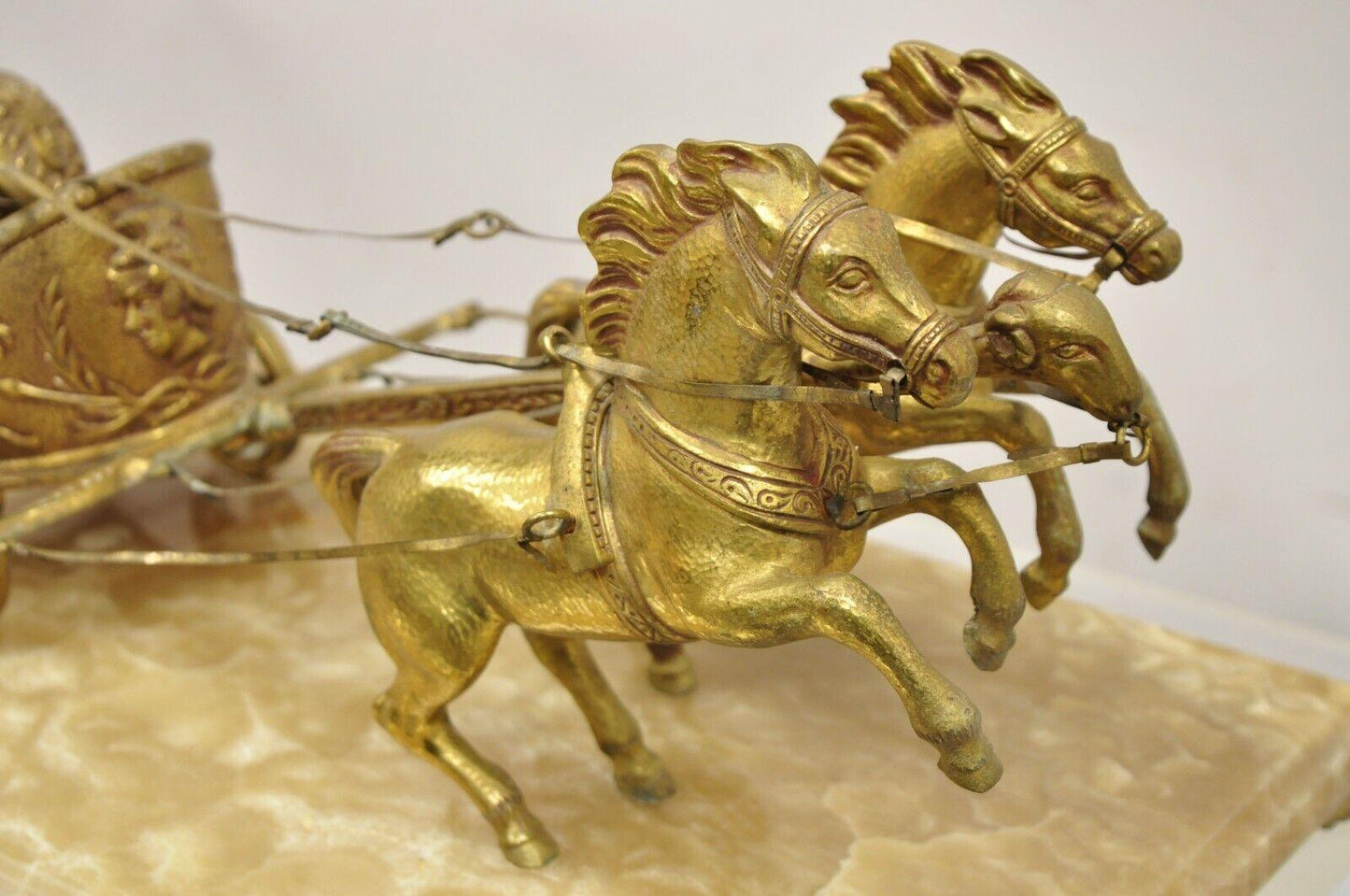 Vintage Gold Gilt Metal Roman Horse Drawn Chariot Sculpture on Marble Base