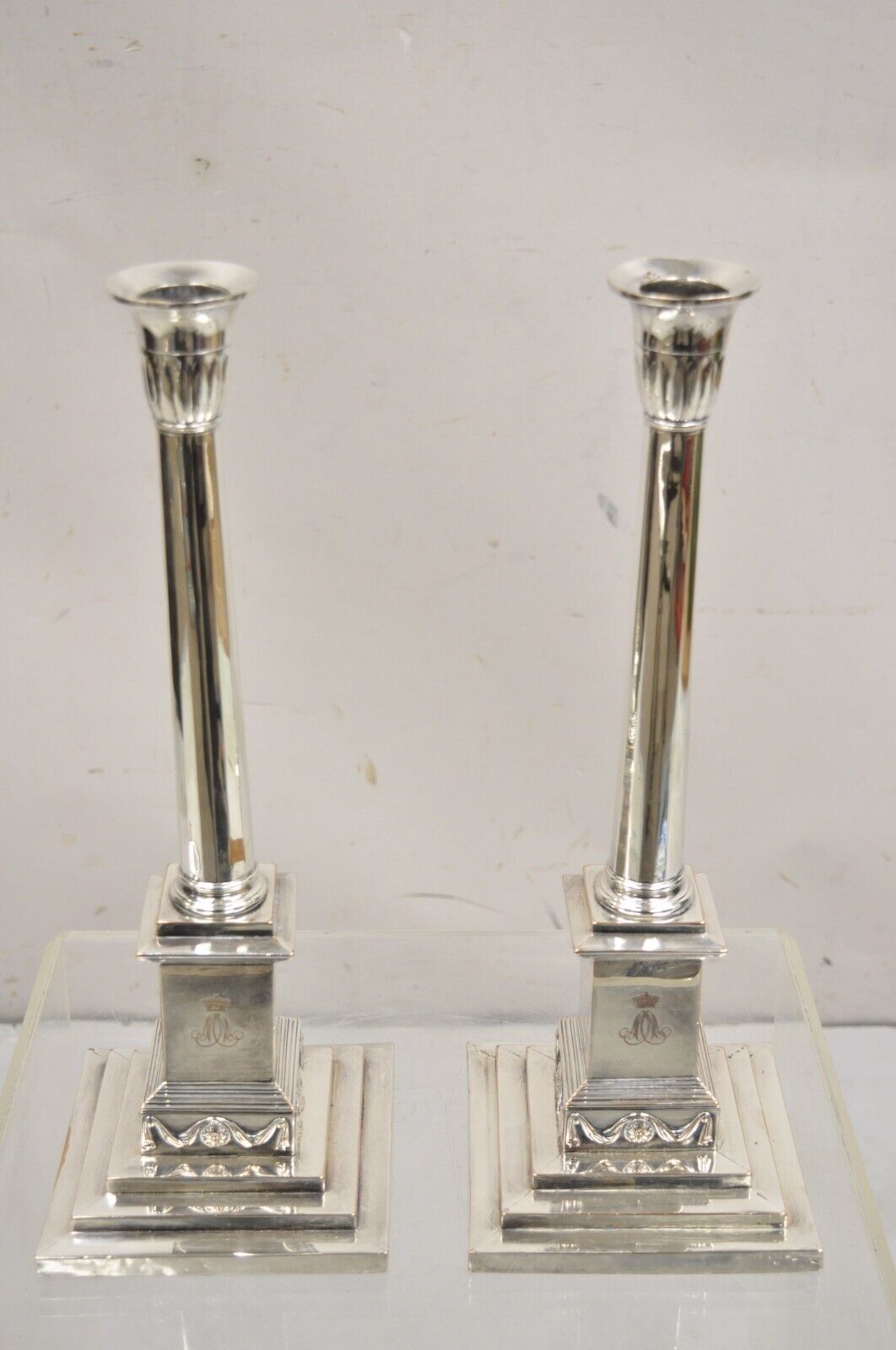 Antique English Edwardian Silver Plated Tall Column Candlestick Candleholders