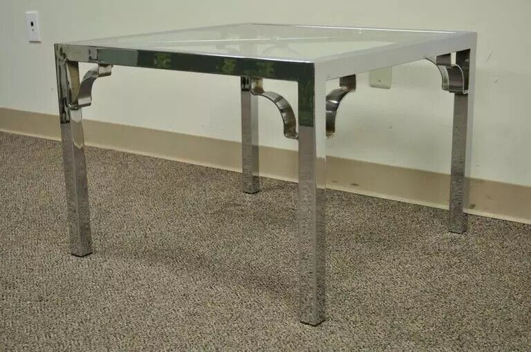 Mid Century Modern Chrome X-Frame Square Glass Top Hollywood Regency Side Table