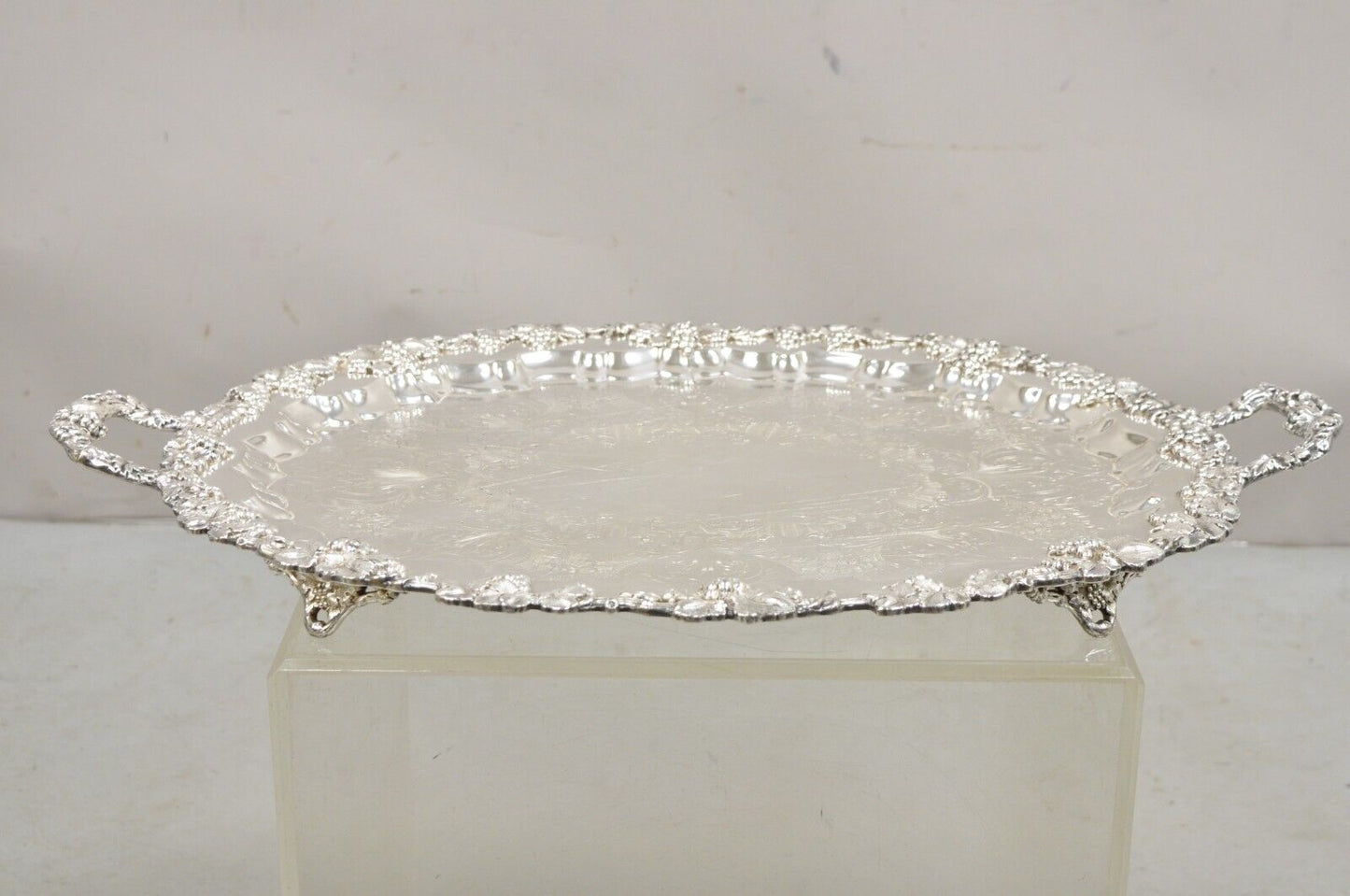 Antique English Sheffield Victorian Grapevine Repousse Oval Serving Platter Tray