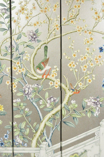 Vintage Chinoiserie Silver Leaf Birds Butterflies 4 Panel Screen Room Divider A