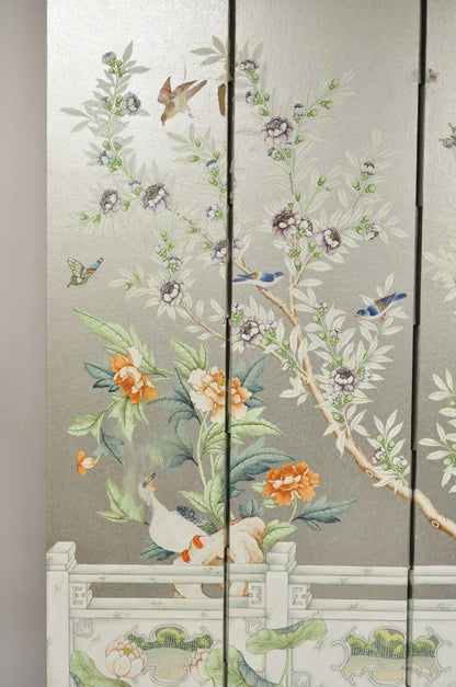 Vintage Chinoiserie Silver Leaf Birds Butterflies 4 Panel Screen Room Divider B