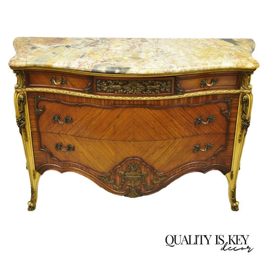 Antique French Louis XV Rogue Marble Top Satinwood Commode Dresser