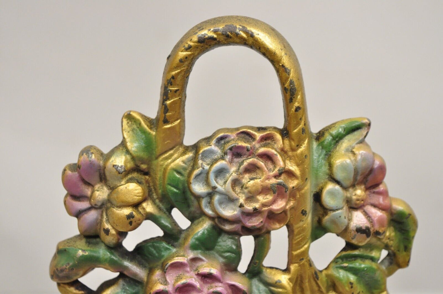 Antique Victorian Cast Iron Figural Floral Bouquet Gold Basket Painted Door Stop