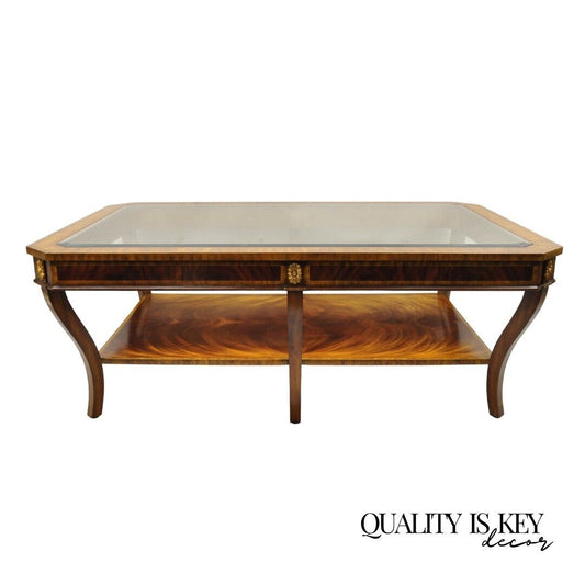 Maitland Smith Empire Style Large Banded Inlay Mahogany Glass Top Coffee Table