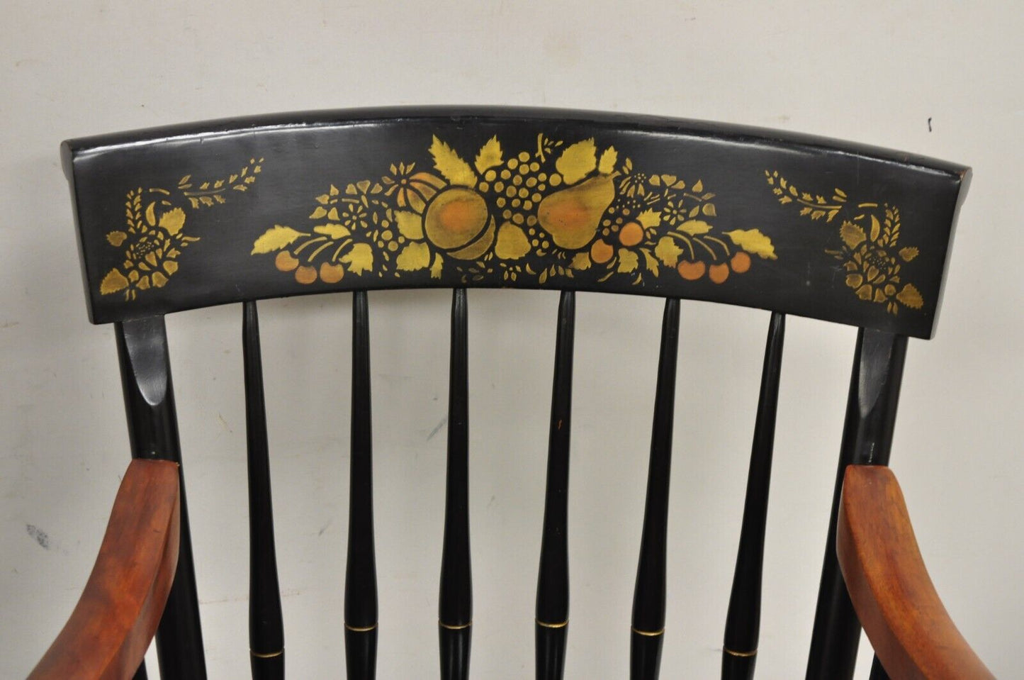 Vintage Nichols & Stone Black Harvest Stencil Hitchcock Style Arm Chairs - Pair