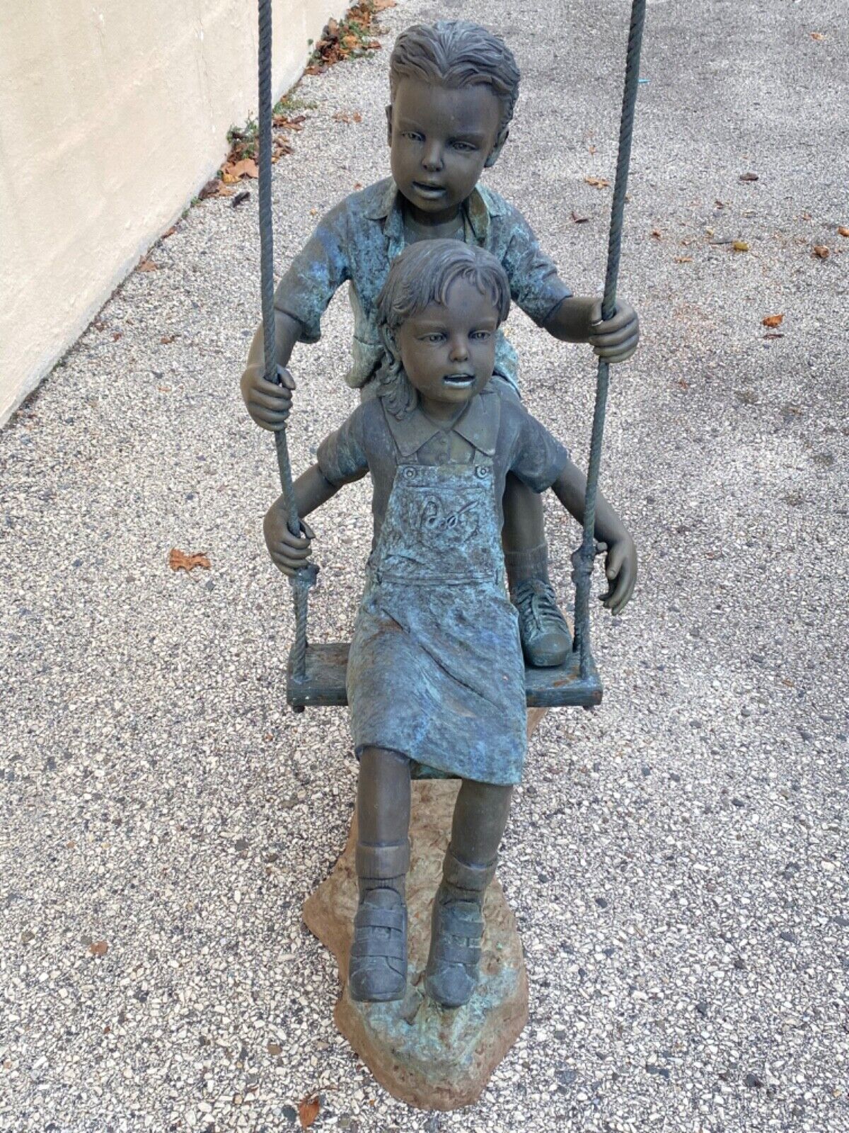 Bronze Boy and Girl Children Swinging Garden Outdoor Statue Sculpture