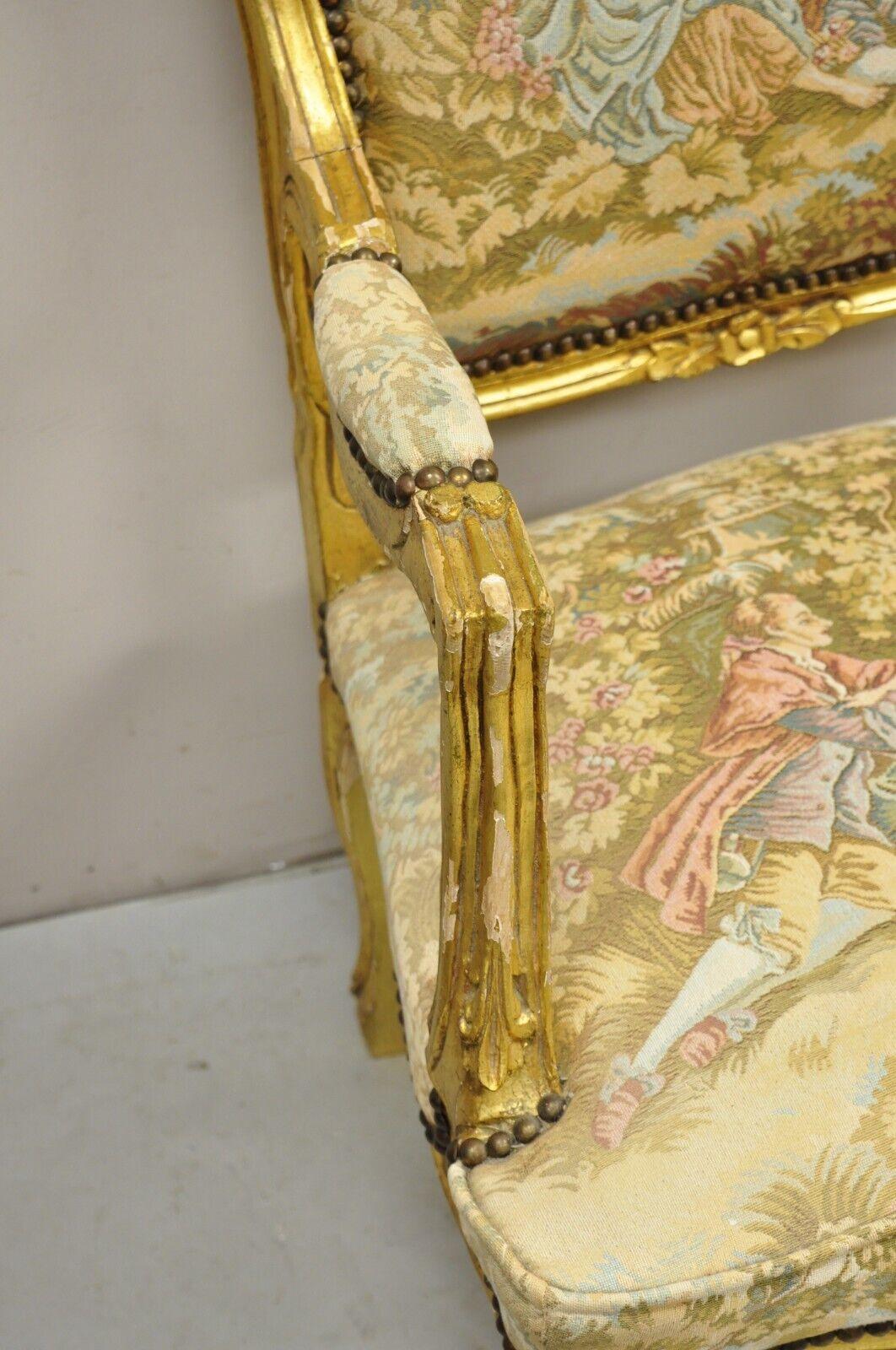 Vintage French Louis XV Style Gold Giltwood Tapestry Fabric Arm Chairs - a Pair