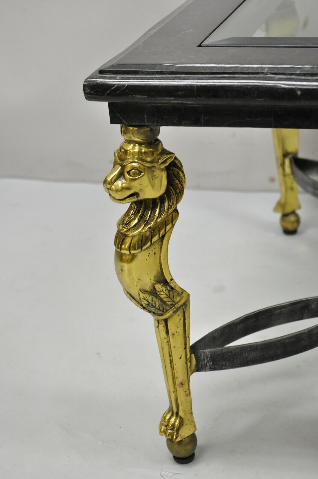 Italian Regency Style Brass Lion Marble Inlay Glass Top Steel Coffee Table