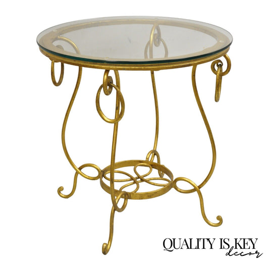 Gold Gilt French René Drouet Style Scrolling Iron Round Glass Accent Side Table