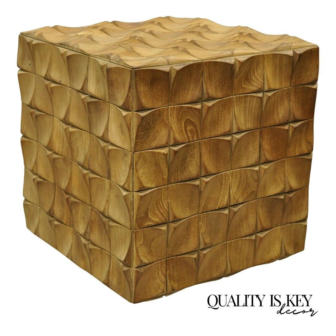 3 Dimensional Geometric Wood Carved Modern Cube Ottoman Stool Square Side Table