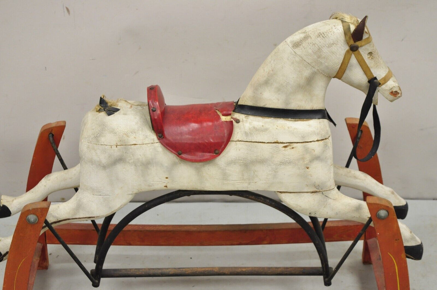 Antique Victorian Rocking Horse Glider Childs Toy Carved Wood White Red Painted