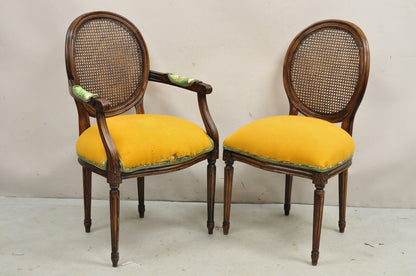 Vintage French Louis XVI Style Oval Cane Back Walnut Dining Chairs - Set of 6