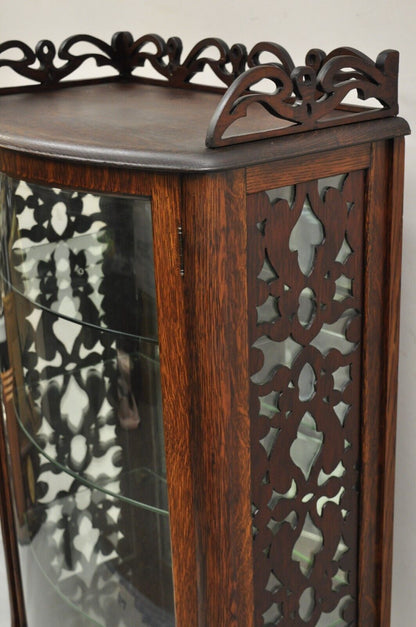 Antique Victorian Oak Wood Bowed Glass Single Door Carved Fretwork Curio Cabinet