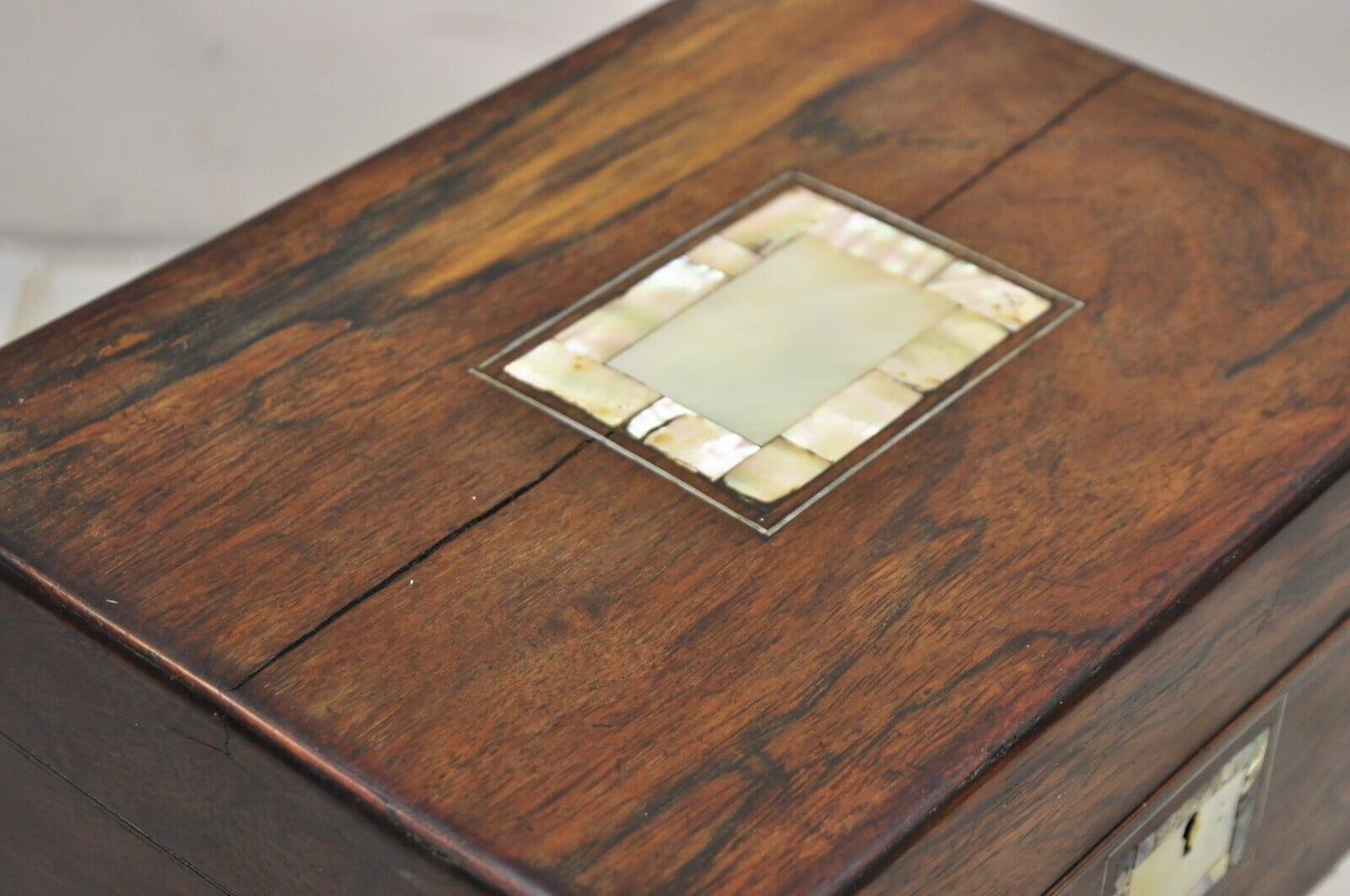 Antique English Victorian Rosewood Vanity Jewelry Box with Mother of Pearl Inlay