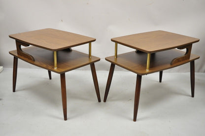 Mid Century Modern Walnut and Laminate Top 2 Tier Step Up End Tables - a Pair