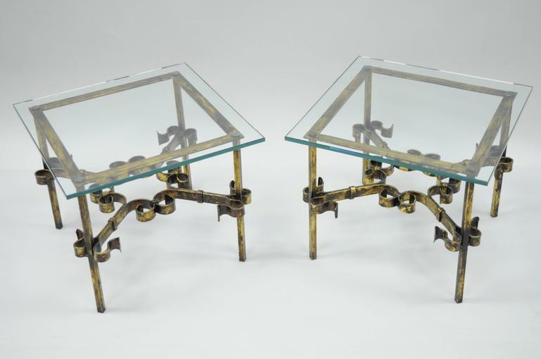 Pair Hollywood Regency Gold Gilt Iron Square Glass Top Brutalist Low End Tables