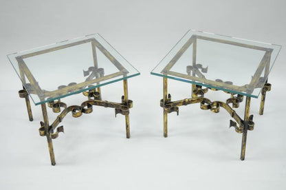 Pair Hollywood Regency Gold Gilt Iron Square Glass Top Brutalist Low End Tables