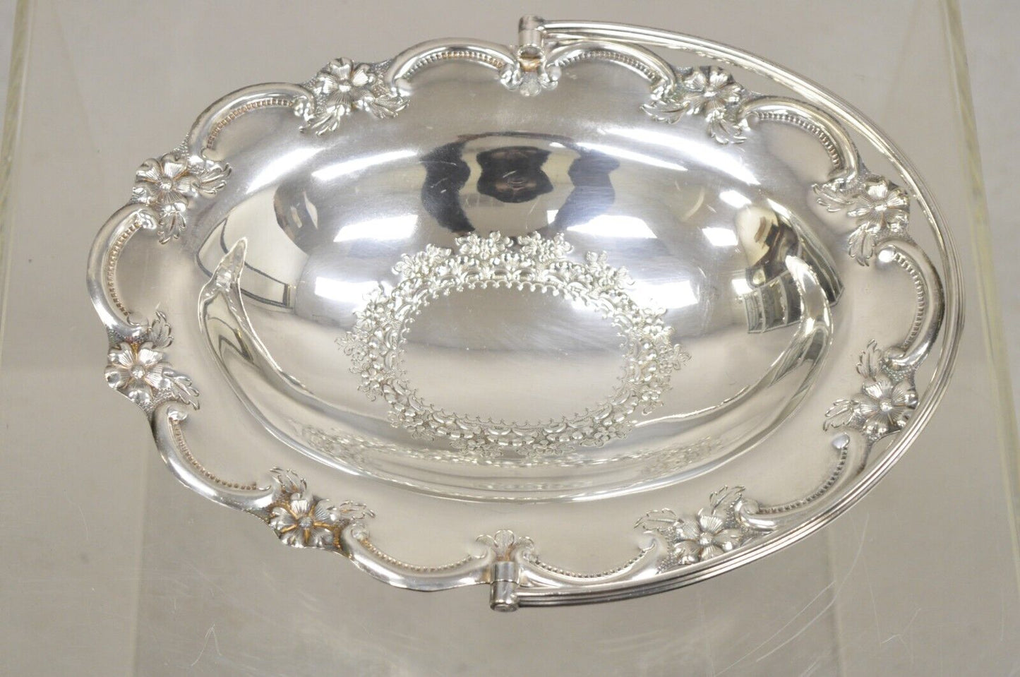 L & WS English Victorian Silver Plated Footed Fruit Bread Basket with Handle