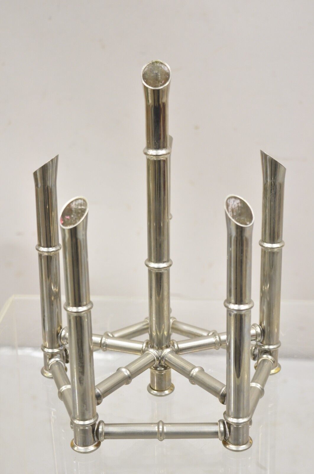 Hollywood Regency Silver Plated Chrome Faux Bamboo Candlestick Stands - a Pair