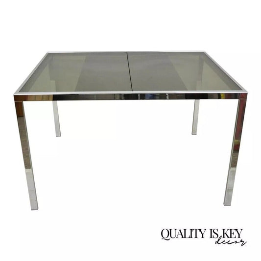 Mid Century Italian Modern Milo Baughman Chrome & Glass Extension Dining Table