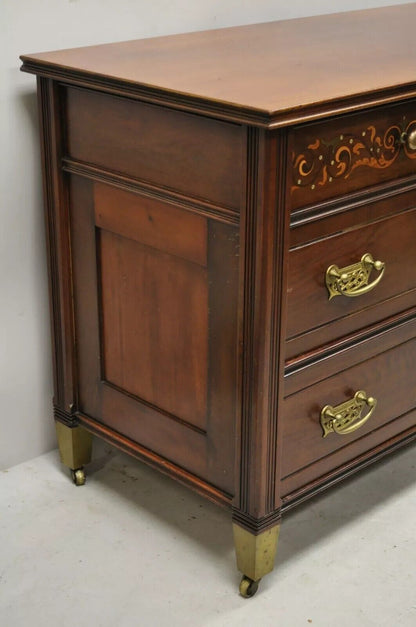 Antique Herts Brothers Edwardian Bronze & Satinwood Inlay Mahogany Chest Dresser