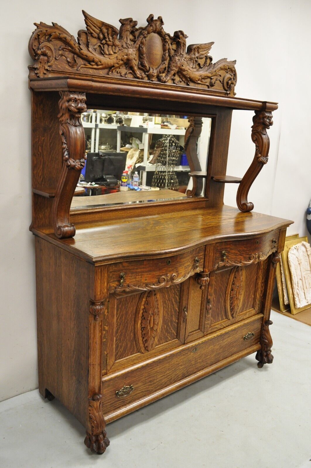 Antique Victorian Figural Lion & Griffin Carved Oak Wood Sideboard Buffet