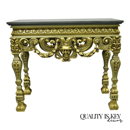 Vintage French Baroque Green Gold Gilt Figural Carved Slate Top Console Table